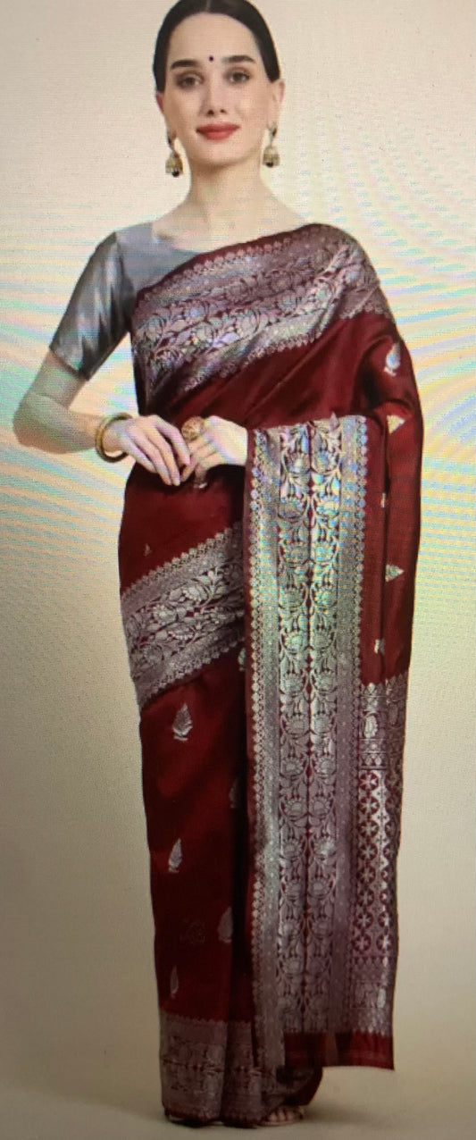 Semi Silk saree- Maroon and silver combination