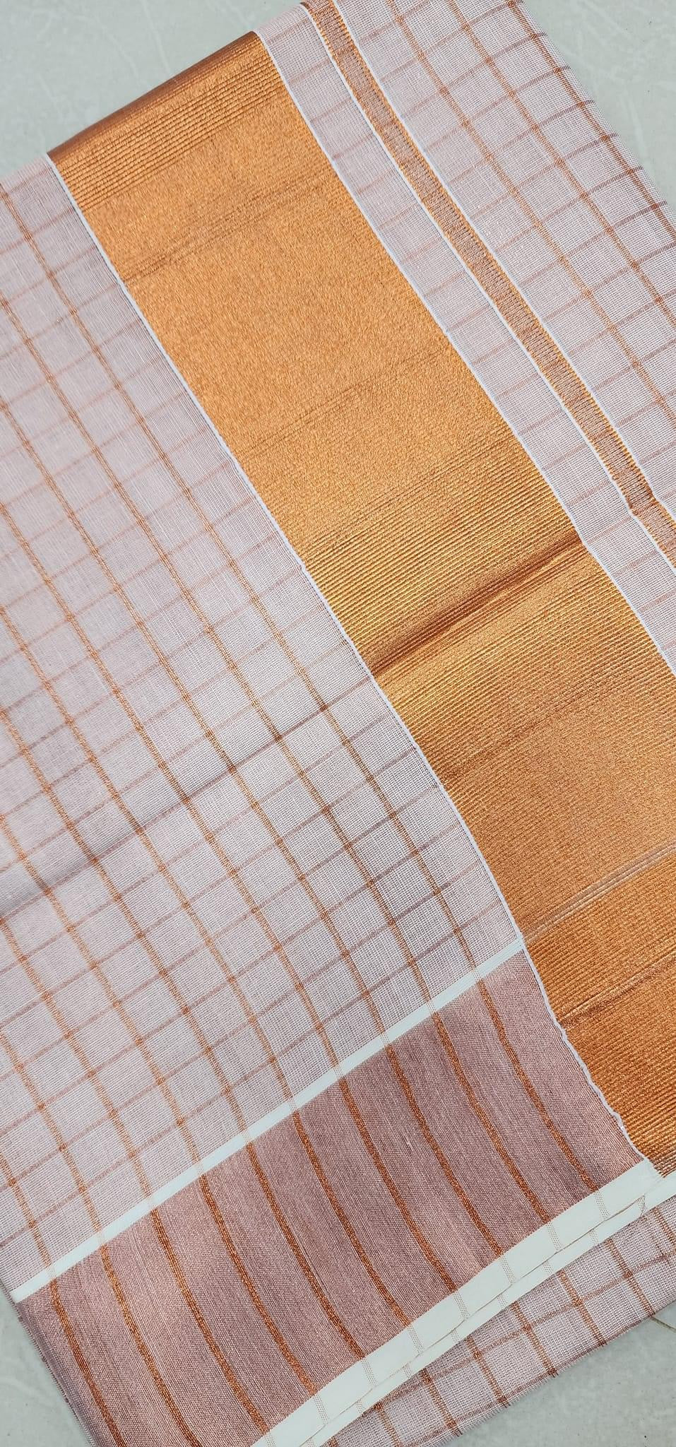 Copper gold tissue settu saree with checked pattern