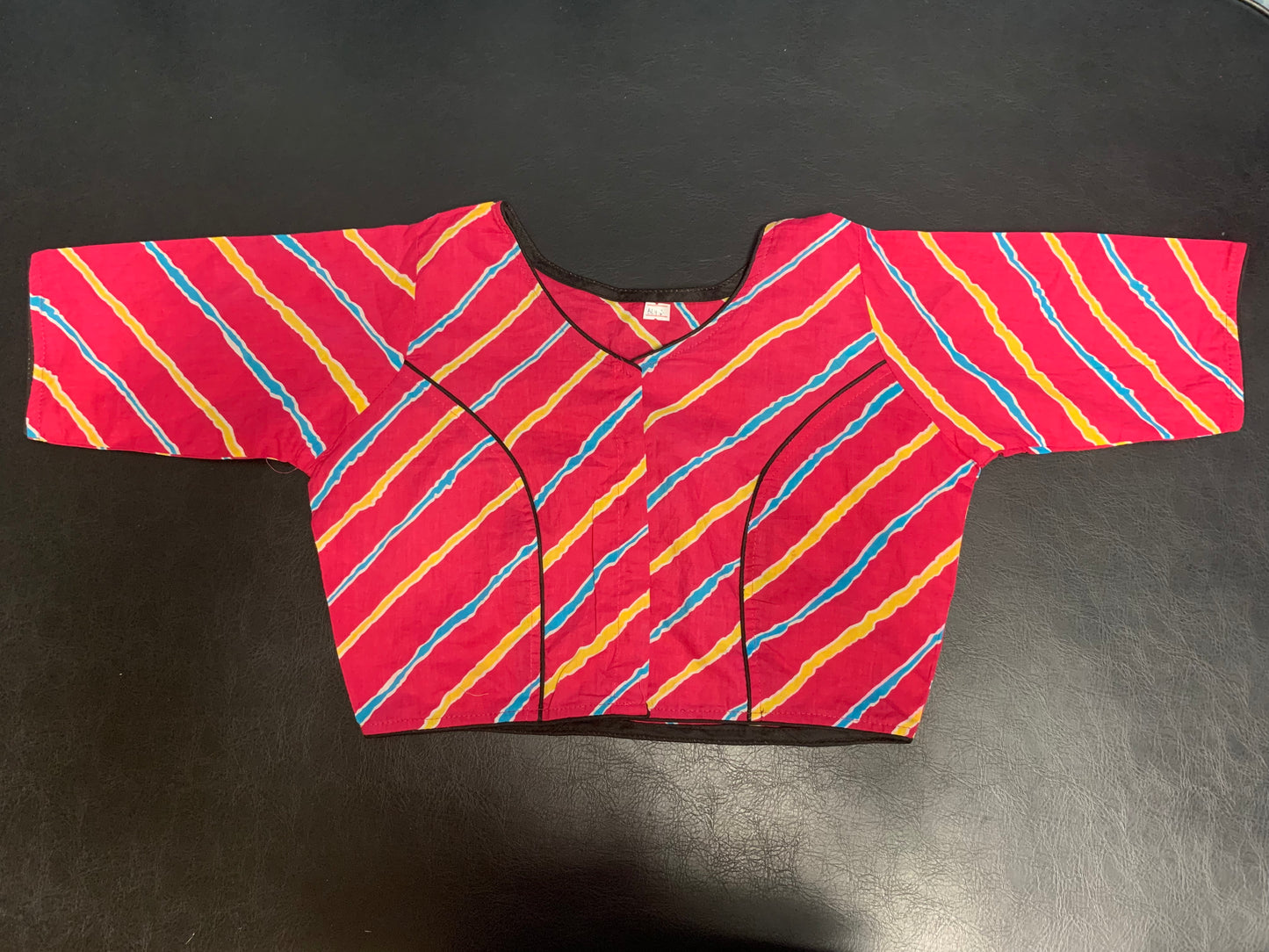 Pink Cotton blouse with blue and yellow line pattern print