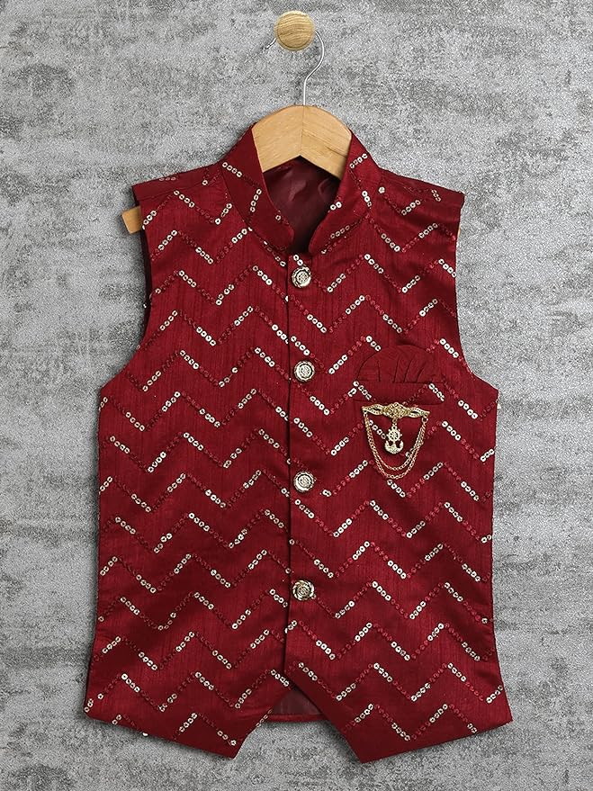 Kids Ethnic Silk Blend Waistcoat, and Kurta Pyjama Set for Boys 488