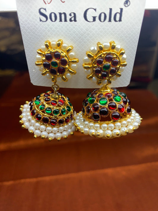 Traditional red and green crystal studded jhumka earring