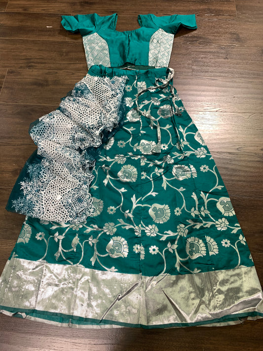 Green and silver silk Lehenga set