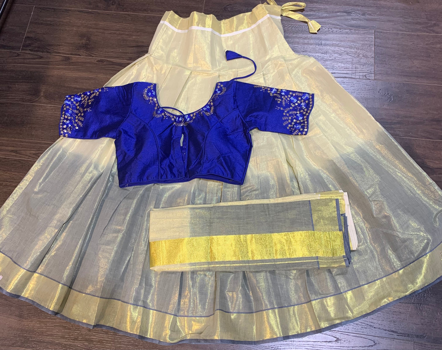 Golden tissue and royal blue  tie and dye davani set