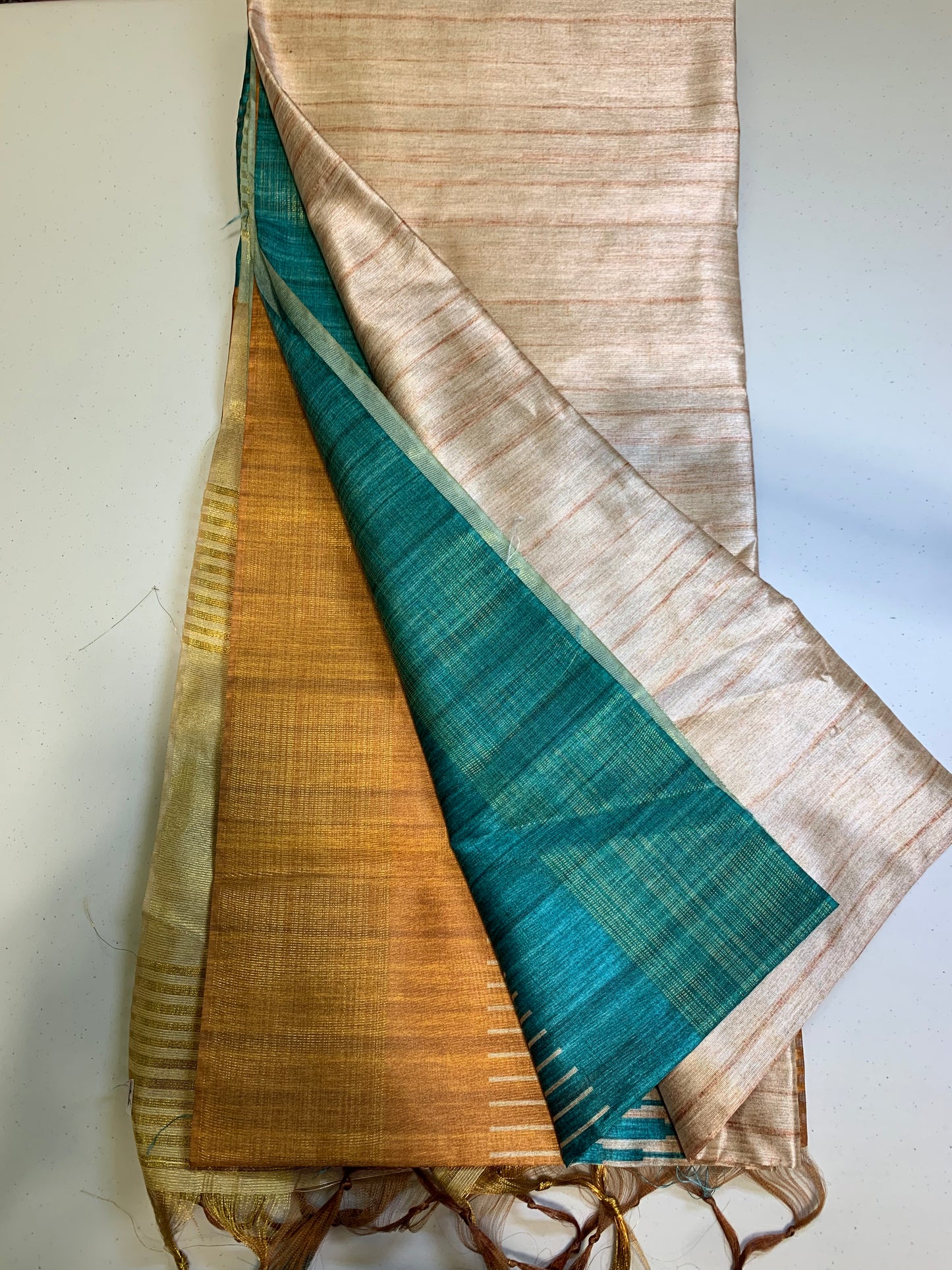 Golden turquoise shaded semi tussar saree-unstitched blouse