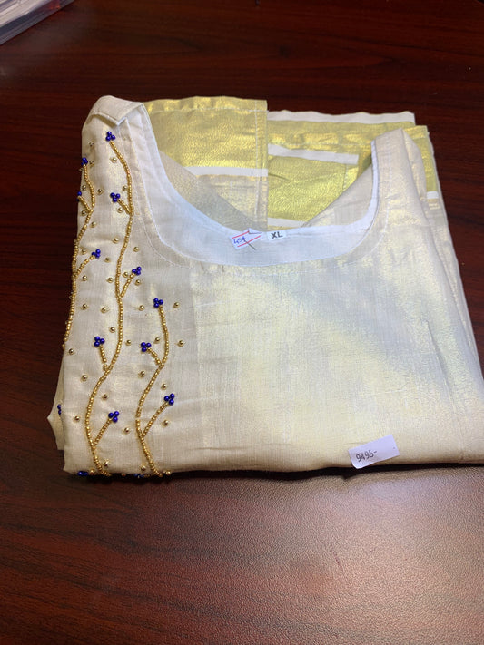 Golden tissue kurthi with antique gold and purple beads worked