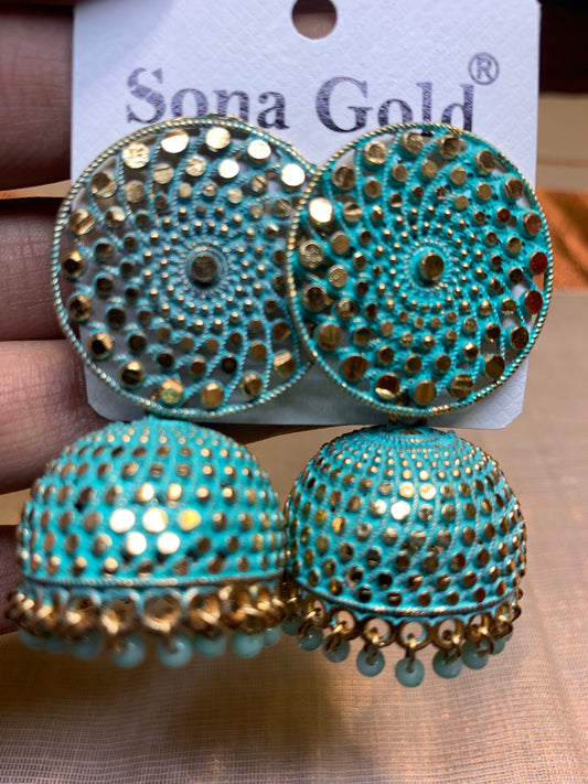 Turquoise round jhumka earring