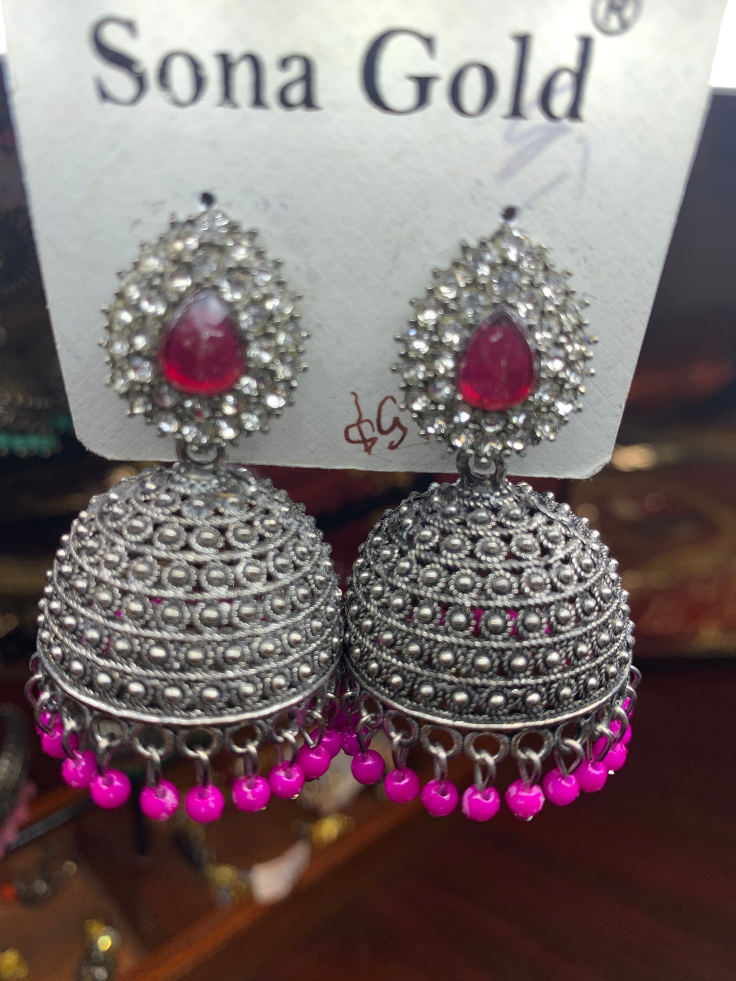 Silver oxidized pink beads Jhumka earring