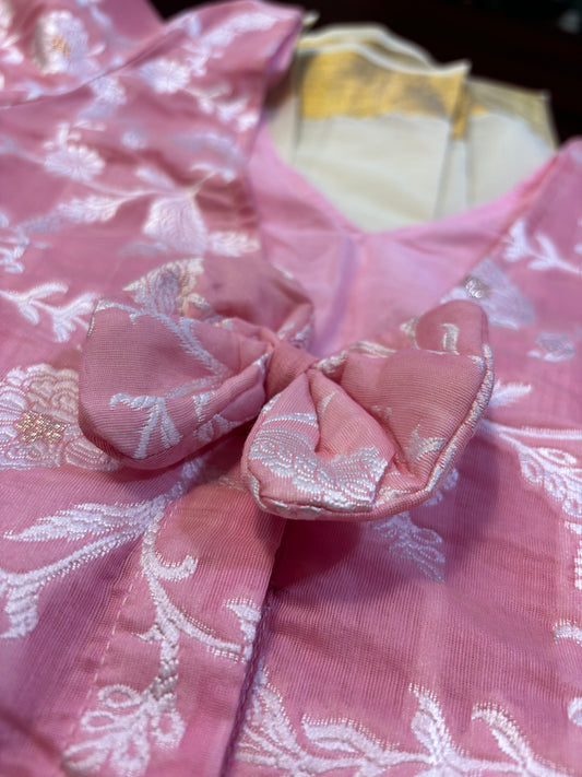 Davani set in Kerala kasavu material with pink cotton top