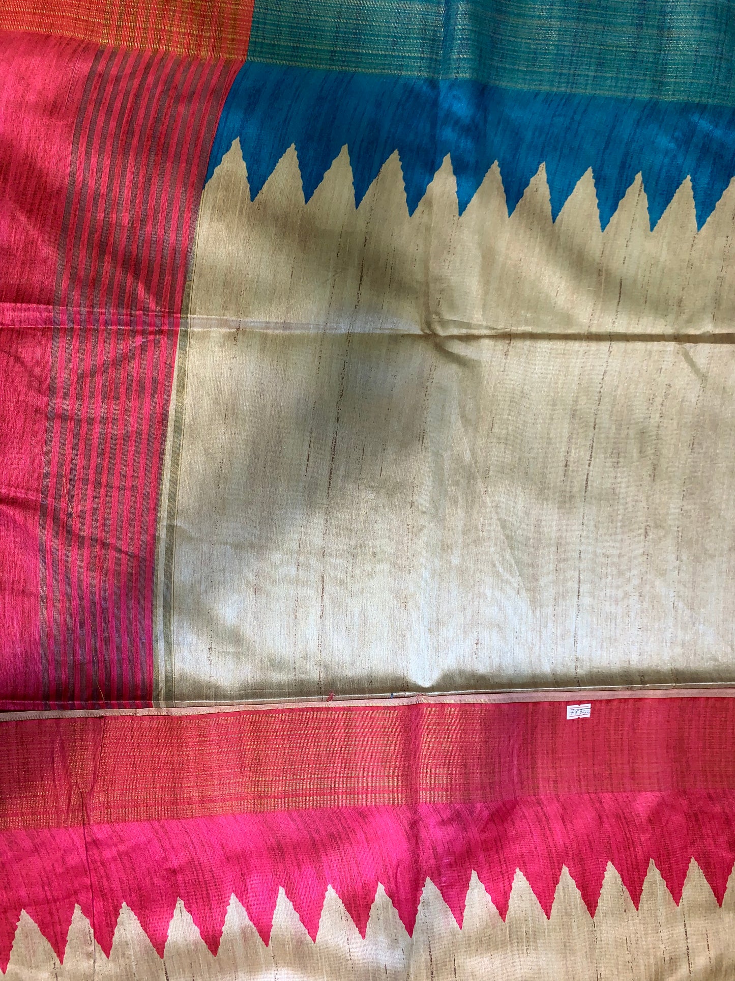 Cream pink blue contrast semi Tussar blended saree- unstitched blouse