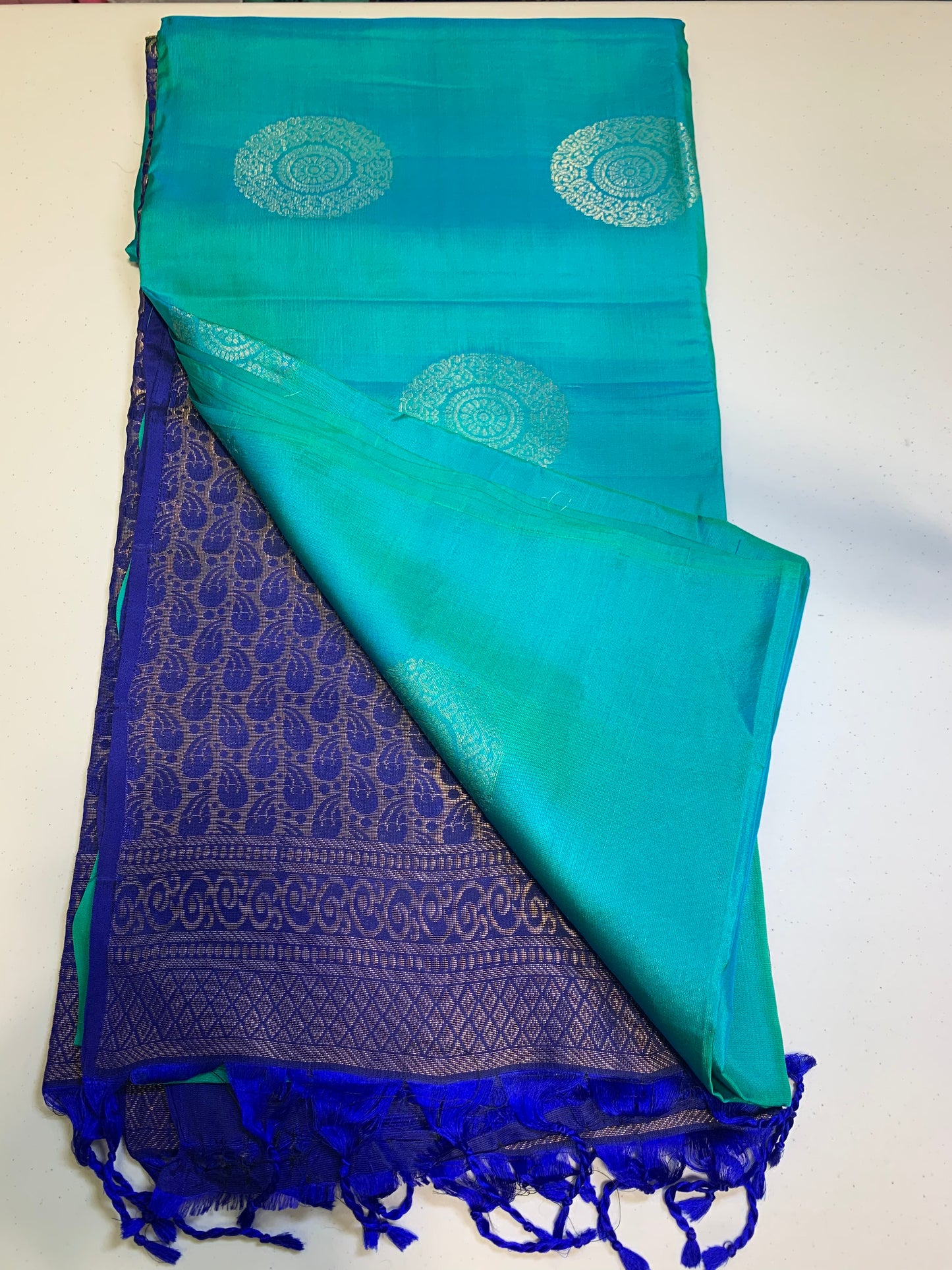 Peacock colour Pure Kanchipuram Silk Saree(unstitched blouse)