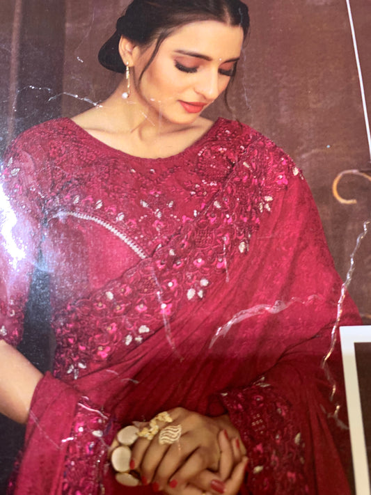 Satin georgette party wear saree maroon