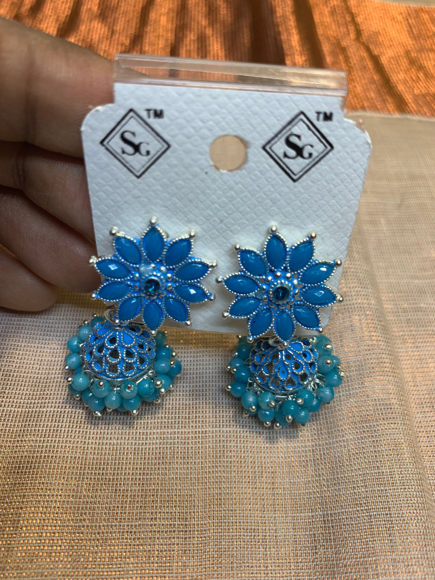 Blue floral pearl small jhumka earring