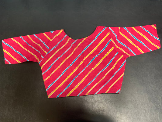 Pink Cotton blouse with blue and yellow line pattern print