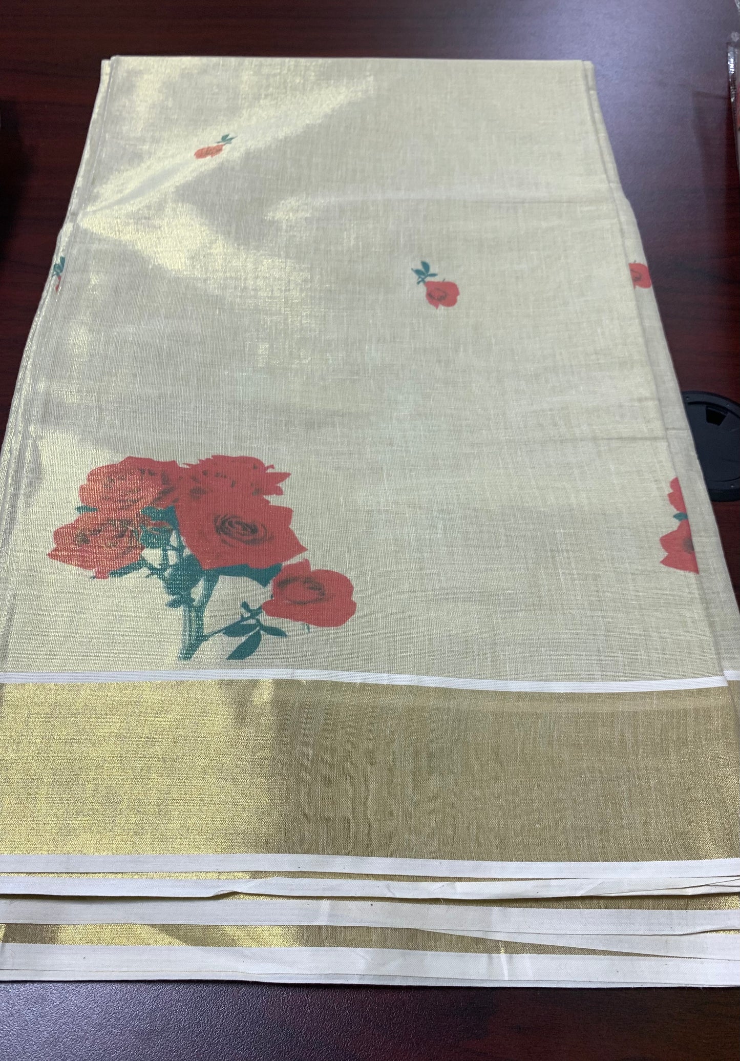 Kerala golden tissue saree with hand paint