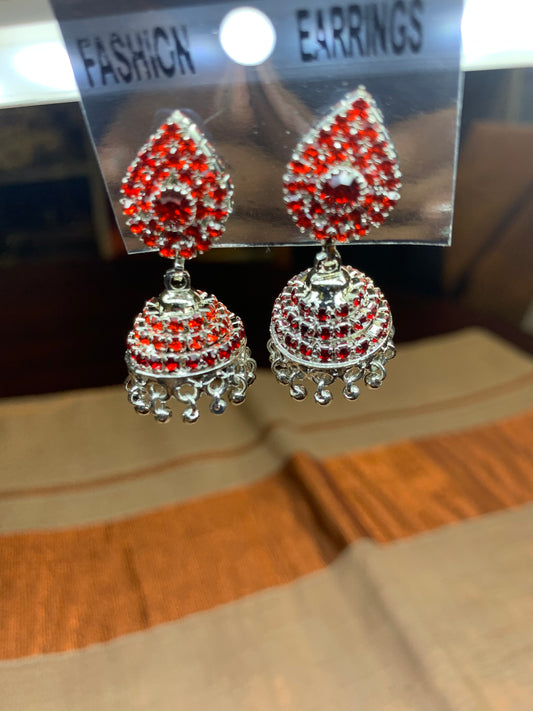 Red white crystal jhumka earring