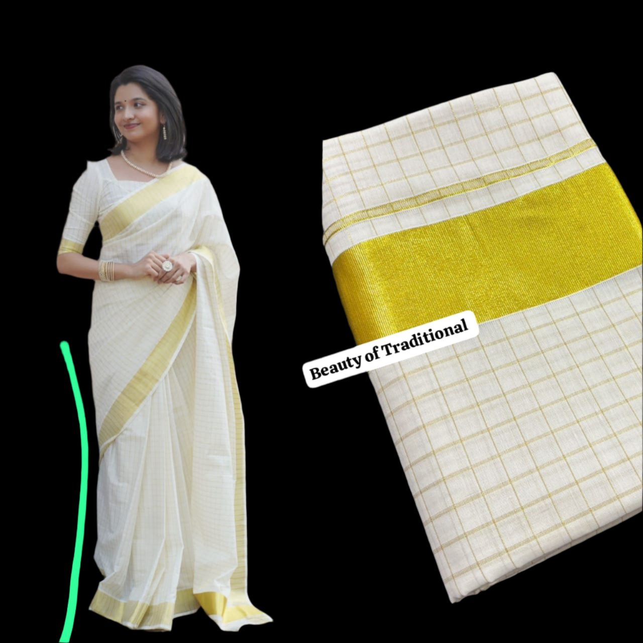 Golden Kerala cotton kasavu saree with checked pattern