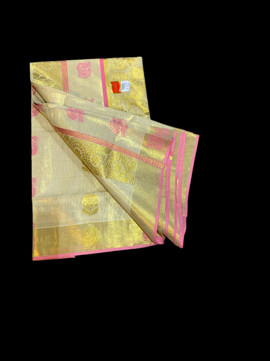 Kerala golden tissue saree with pink border