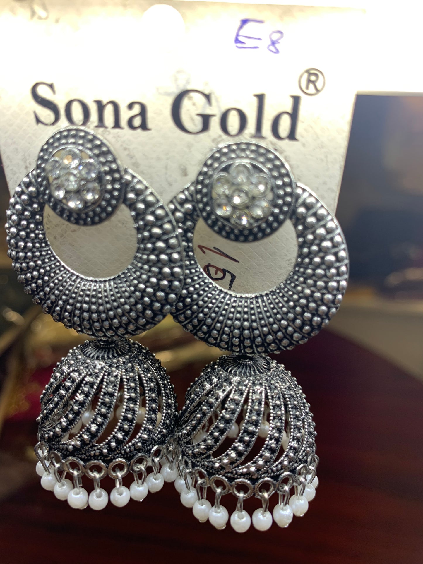 Silver oxidized white pearl jhumka earring