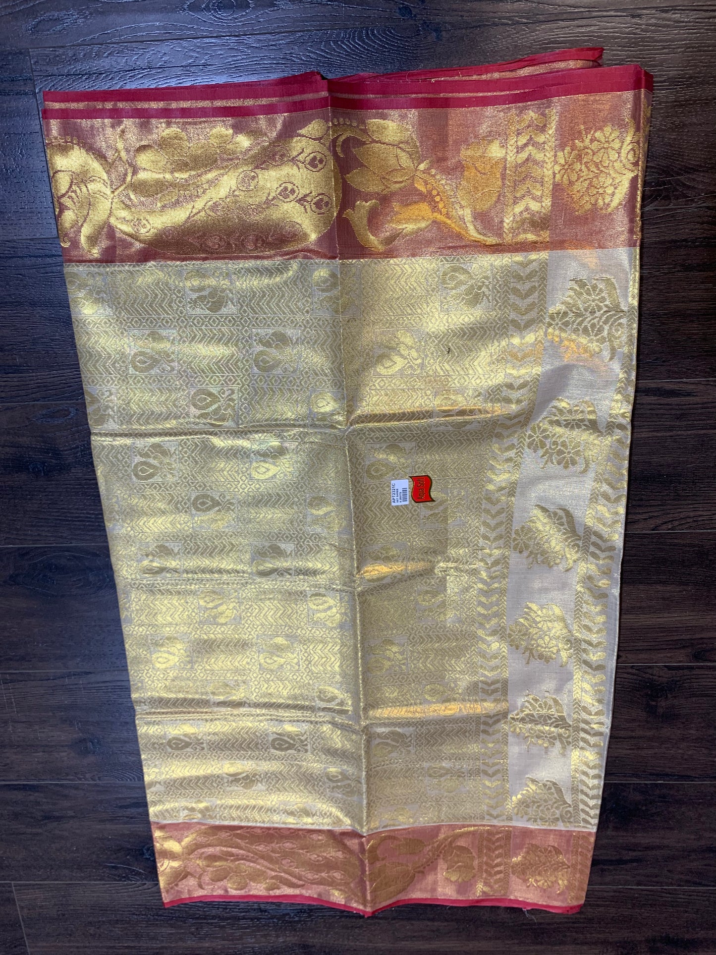 Golden tissue saree with light red  border