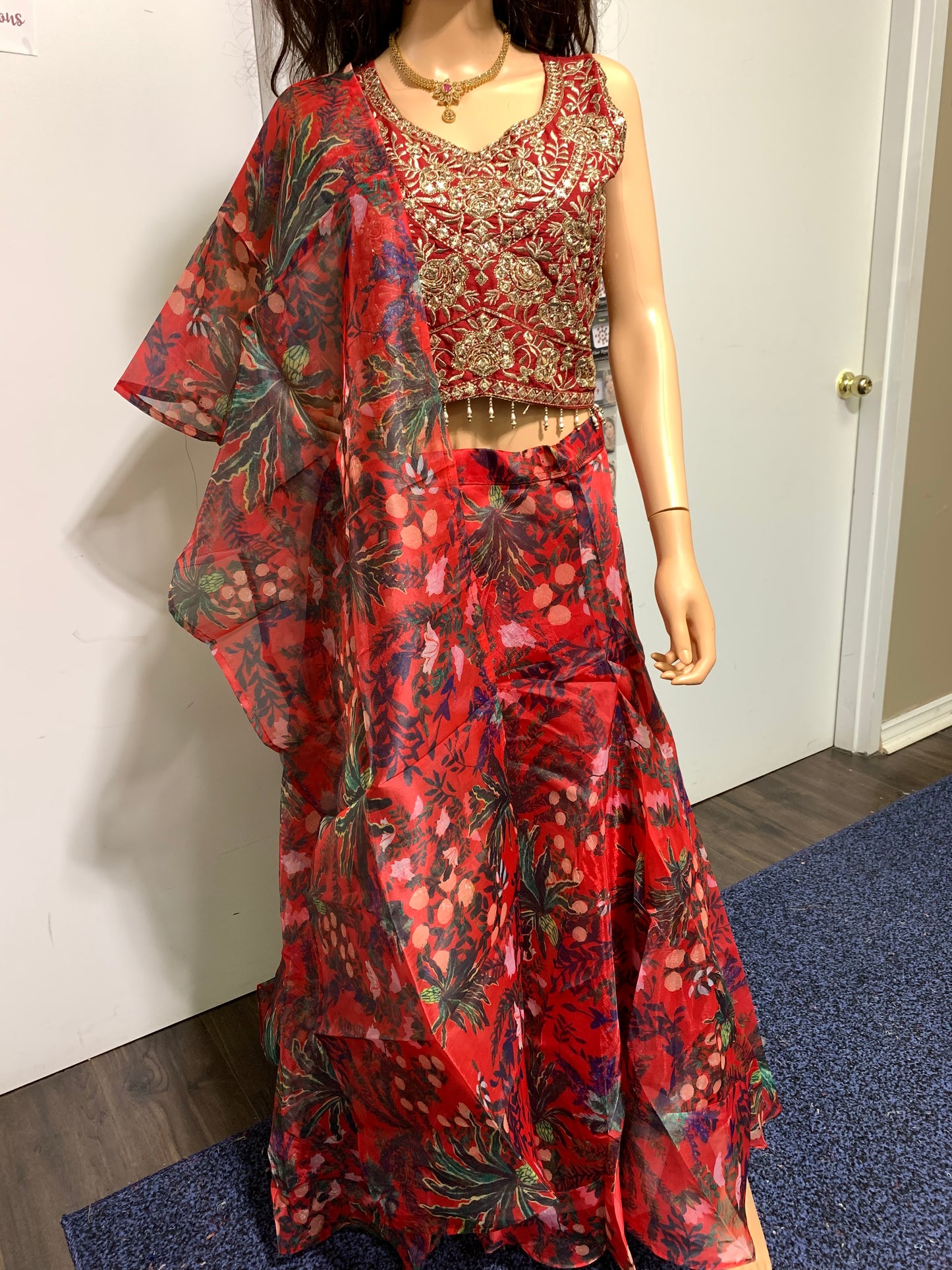 Red Organza Lehenga Floral Print