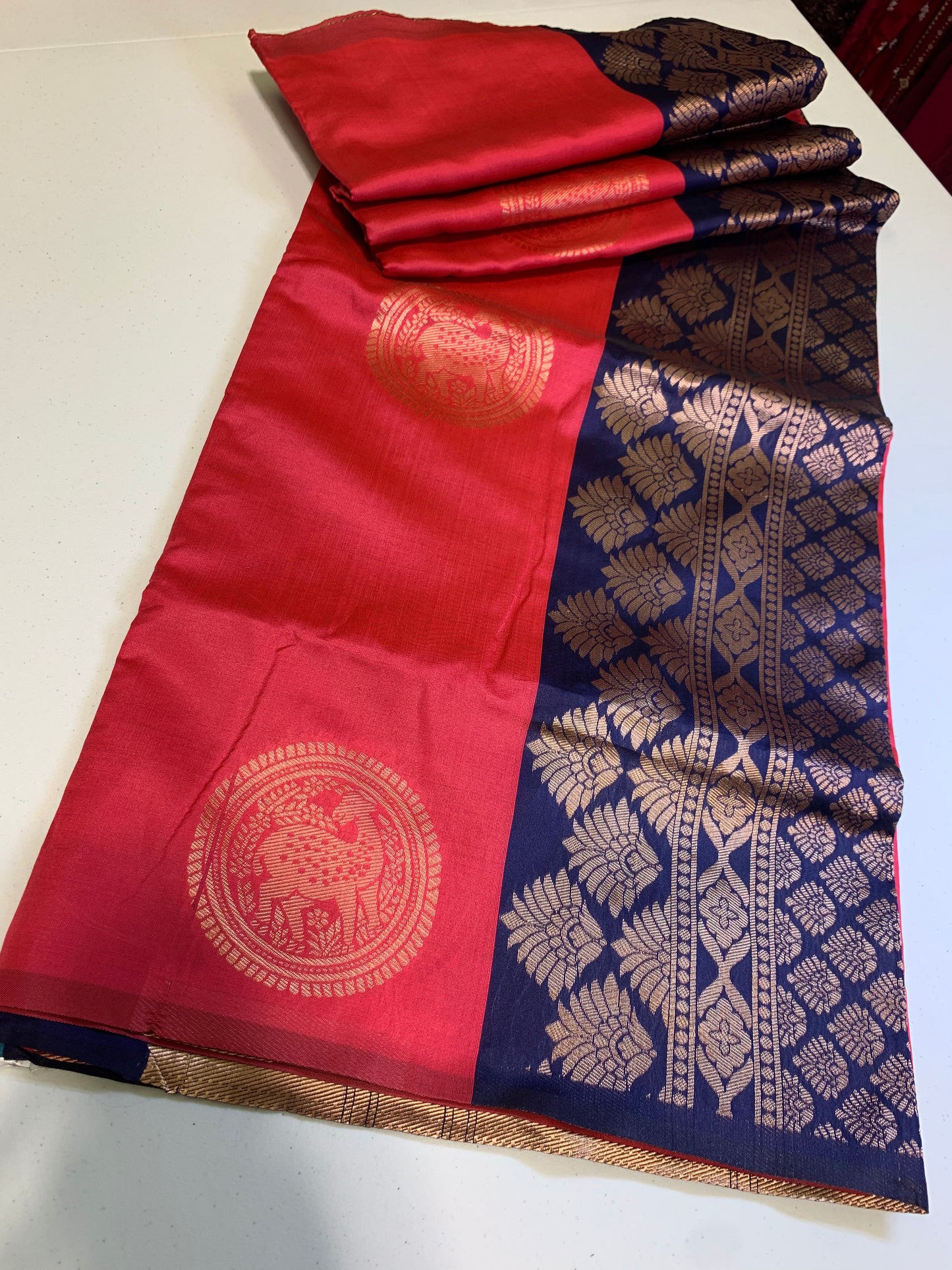 Pink-Blue golden border Art Silk Saree(unstitched blouse)