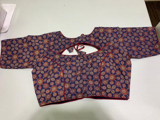 Blue brown printed cotton blouse