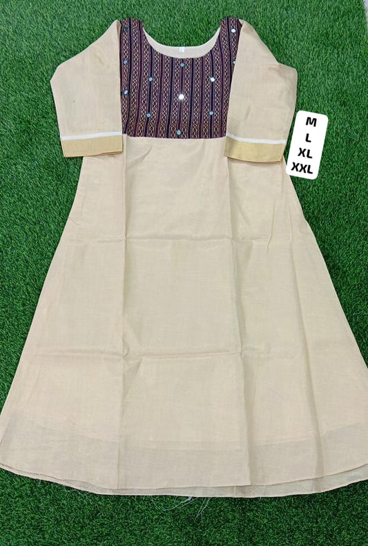 Ready to wear Kerala tisdue cotton kurtis with Ajrakh pattern neck