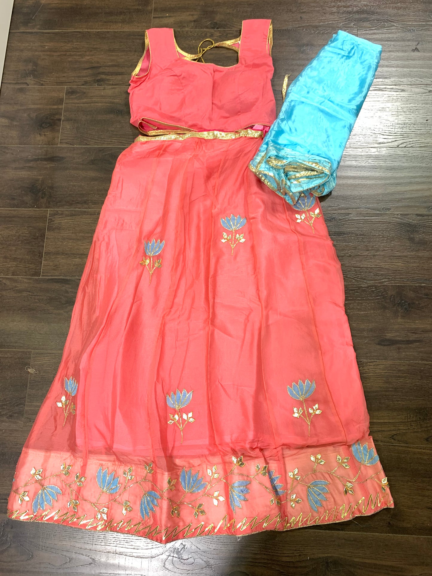 Pink and sky blue georgette Lehenga