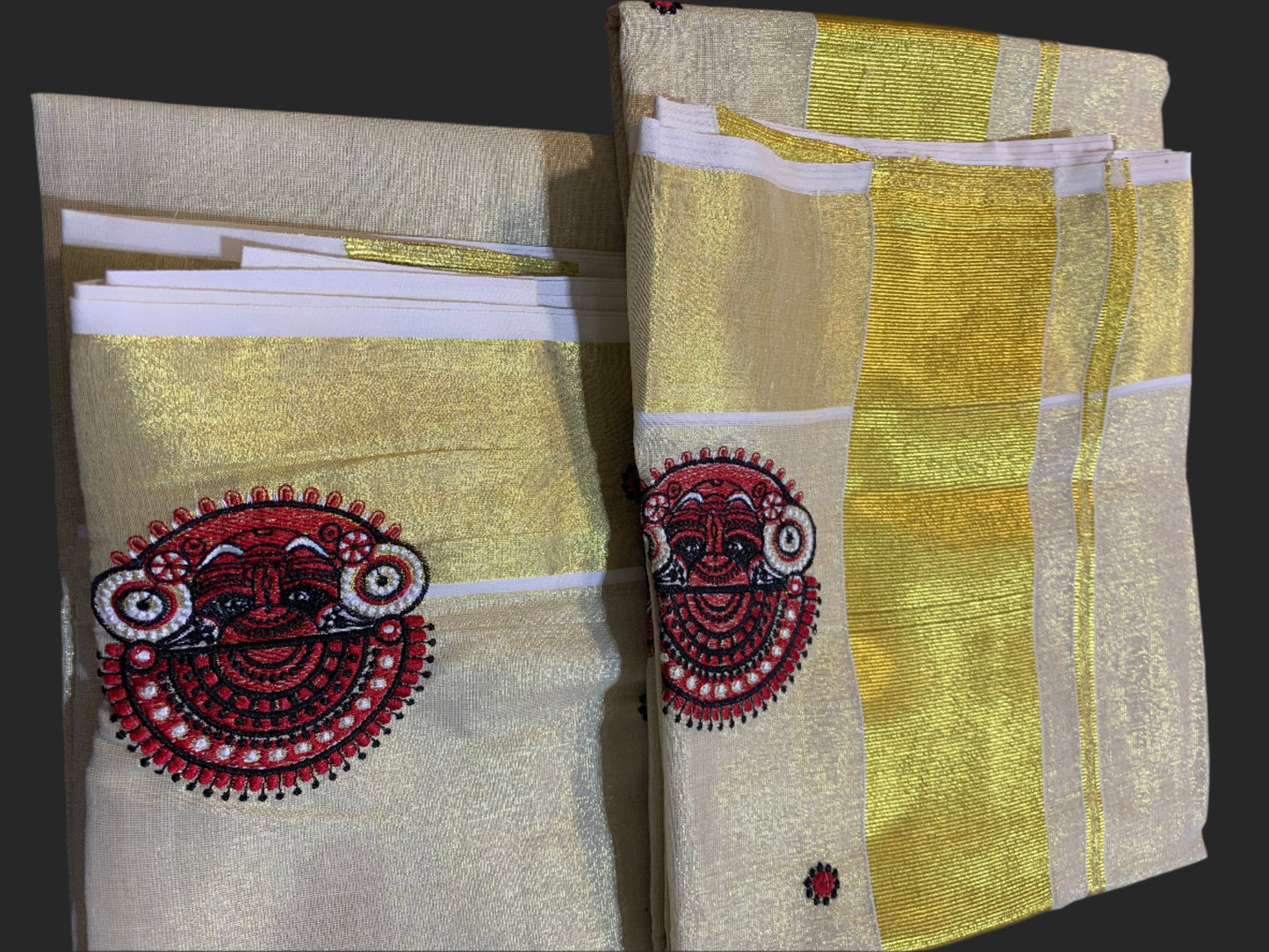 Kerala tissue kasavu settu Mundu with face embroidery