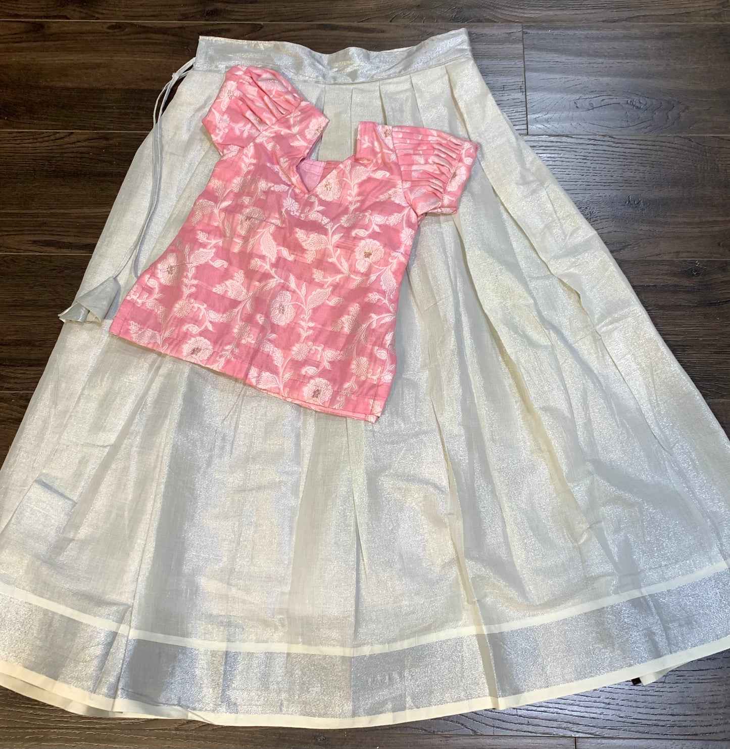 Girls ready to wear silver tissue skirt with pink chanderi silk top