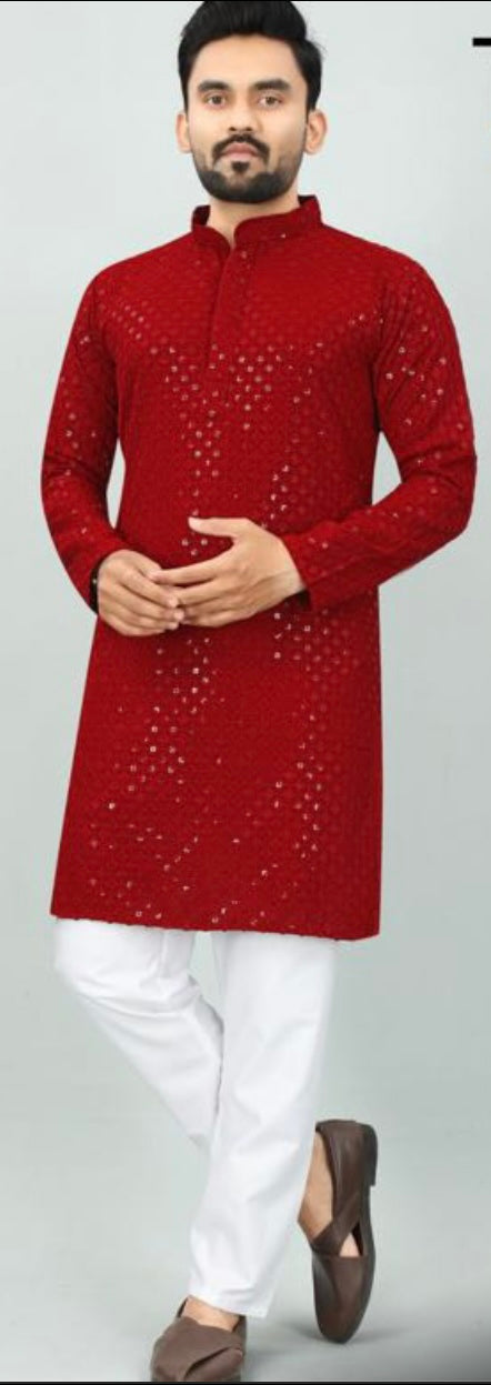 Traditional georgette chikankari work kurta-Maroon red