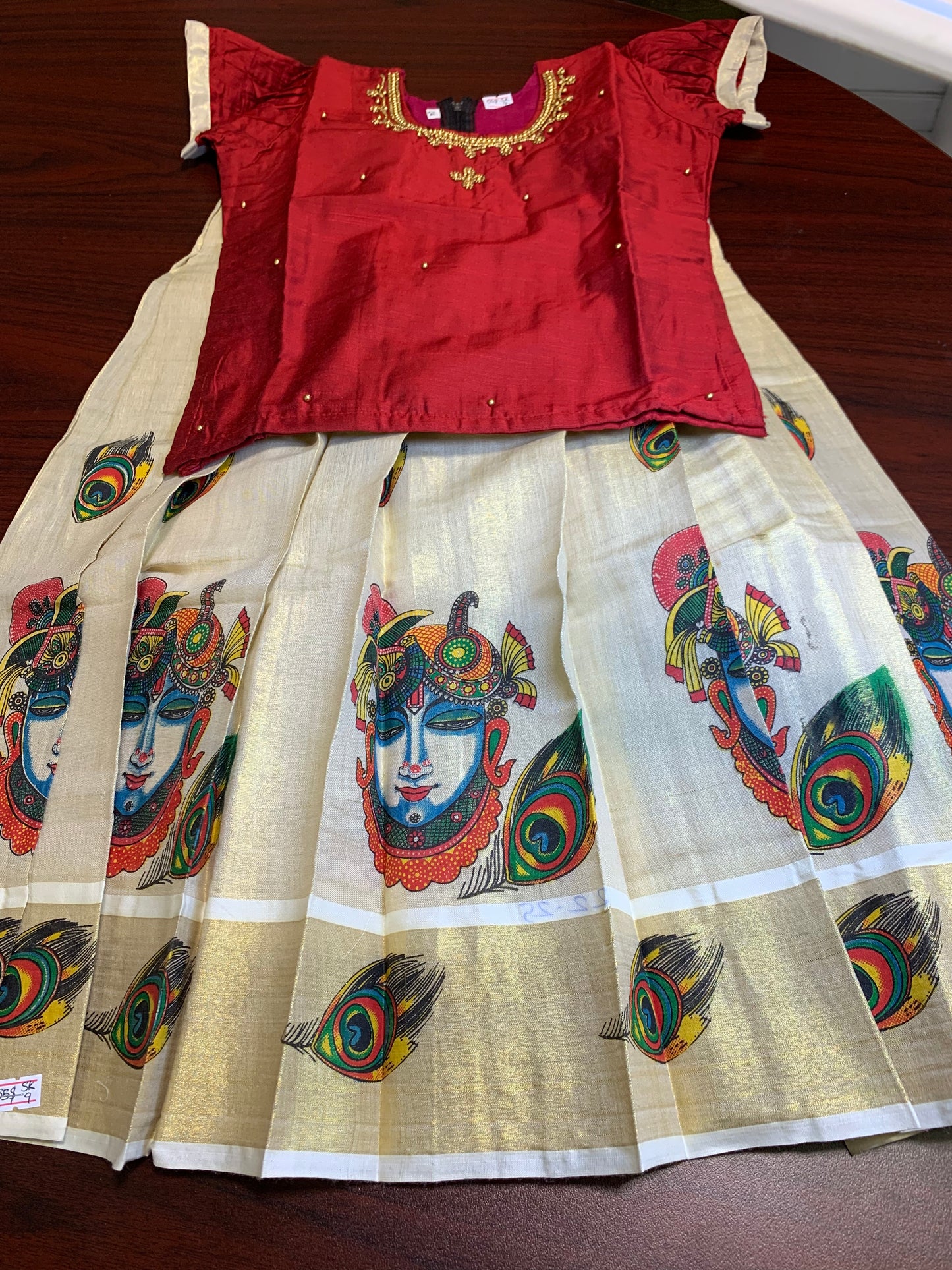 Girls Kerala kasavu printed skirt with cotton silk blouse