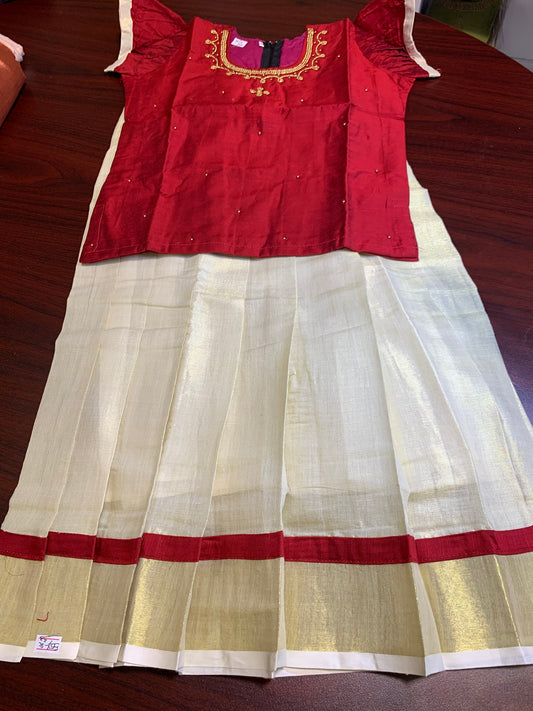 Girls Kerala tissue silk skirt with cotton silk top