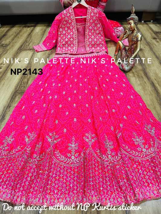 Premium Georgette bandhani print flairy skirt with sequence work & separate jacket detailed with beautiful zari embroidery & Georgette sequence crop top