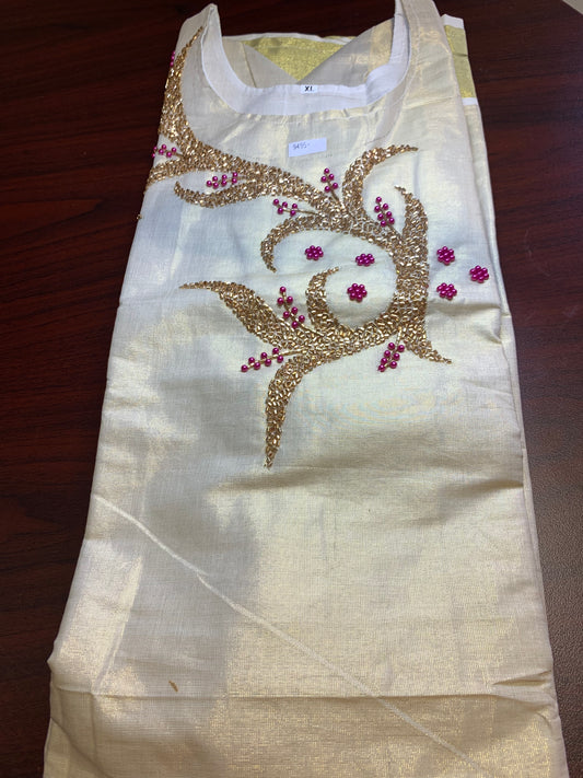 Golden tissue kurthi beautifully crafted with rose gold and pink beads