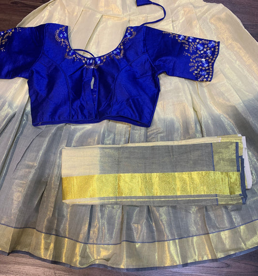 Golden tissue and royal blue  tie and dye davani set