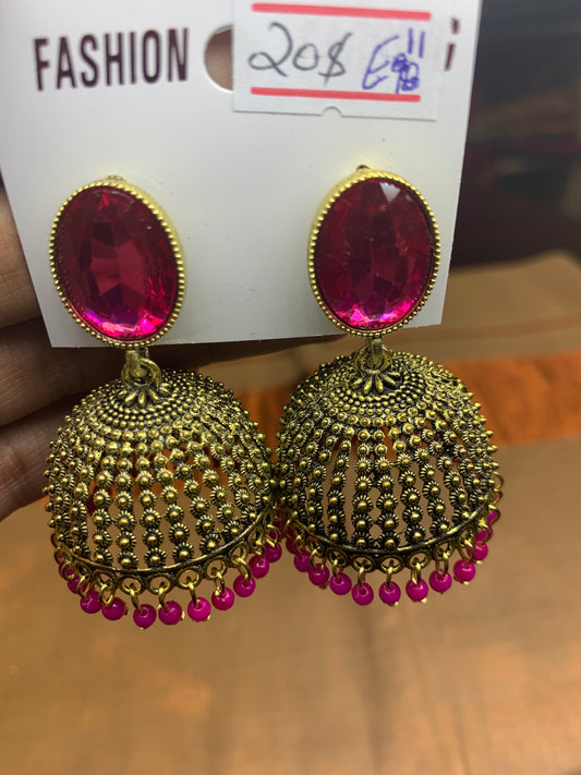 Pink sparkling crystal jhumka earring