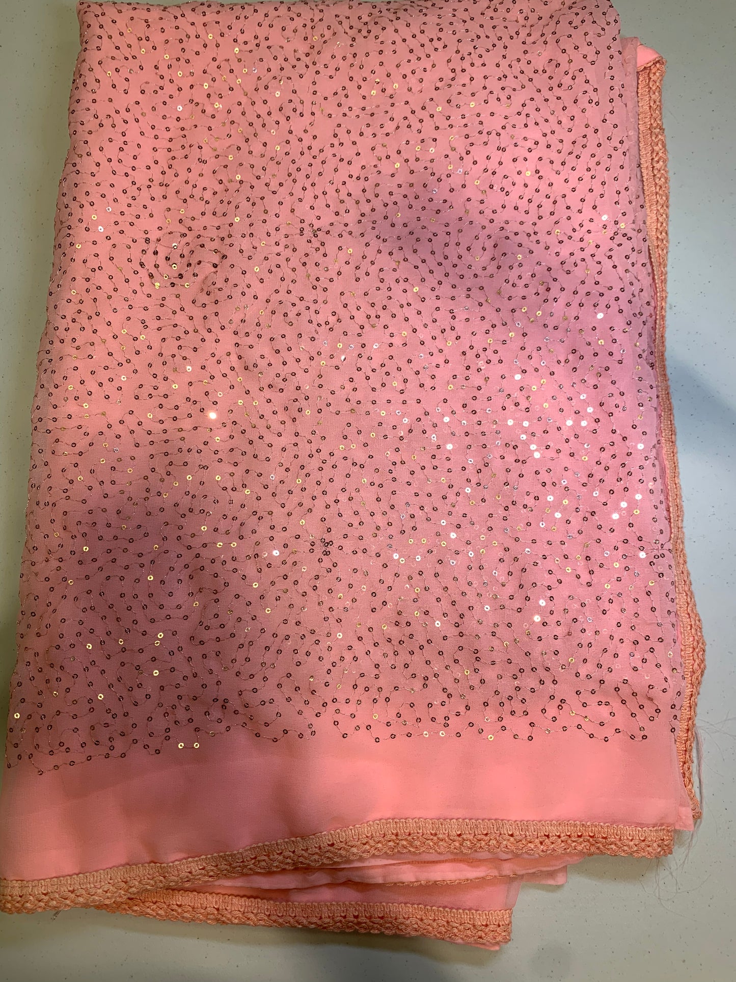 Light pink sequin chiffon saree-unstitched blouse