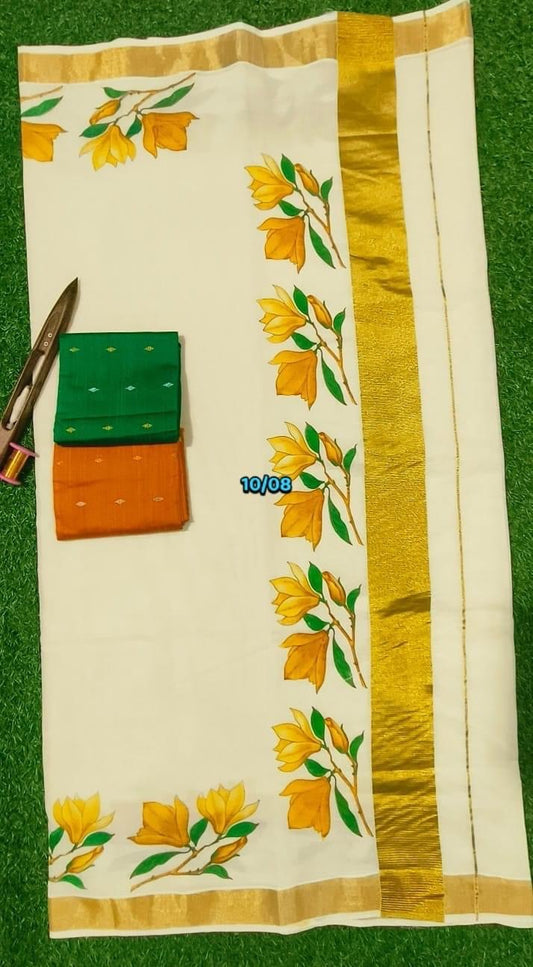 Floral printed Kerala settu saree