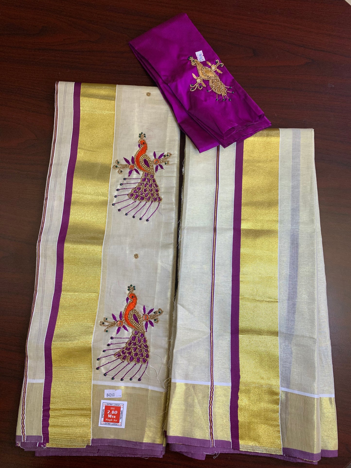 Kerala peacock designed settu mundu(purple)