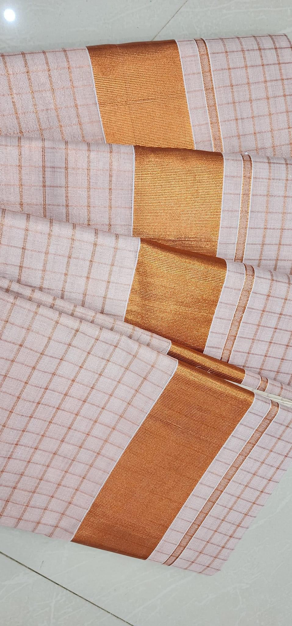 Copper gold tissue settu saree with checked pattern