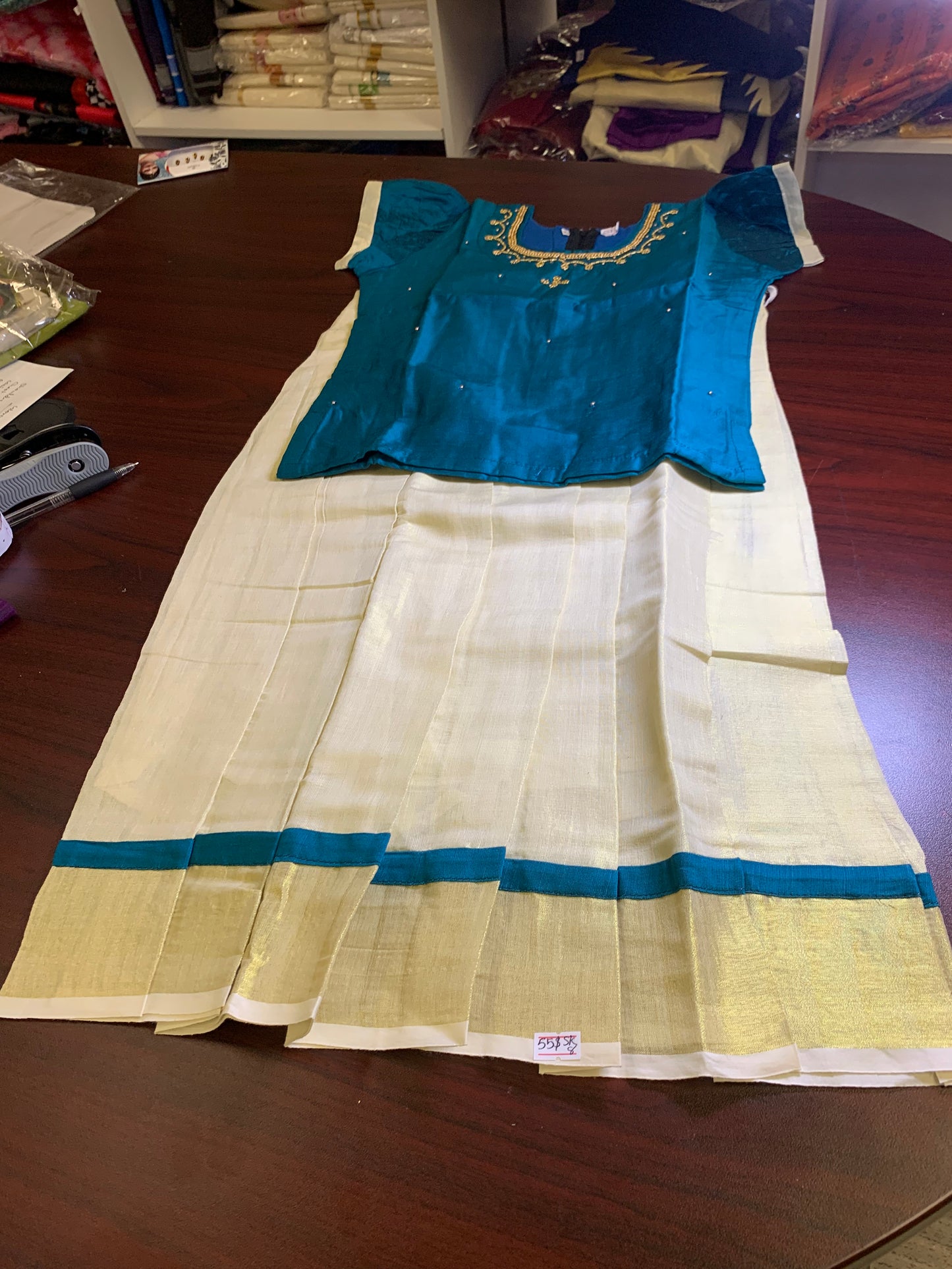 Kerala kasavu border skirt with blue silk blouse