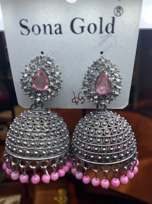 Oxidized silver pink crystal Jhumka Earring