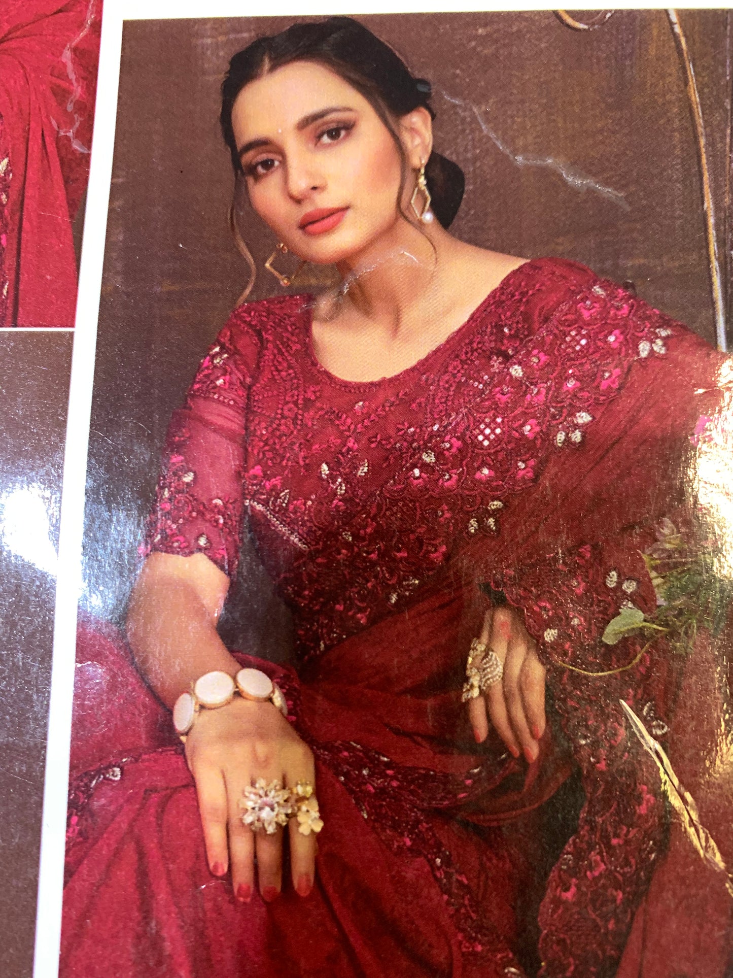 Satin georgette party wear saree maroon