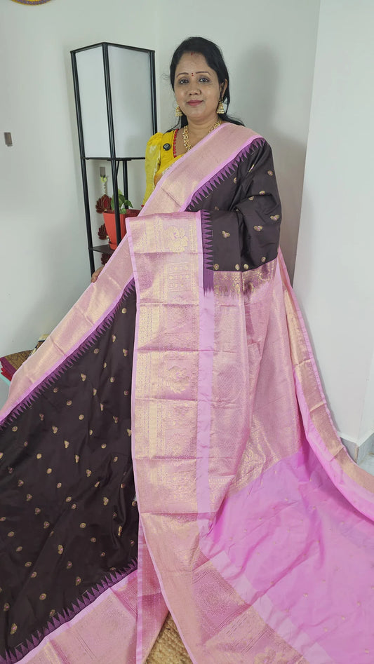 Premium semi Gadwal saree- Pink and coffee