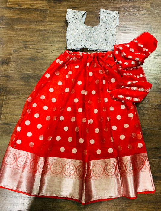 Red and silver organza Lehenga set