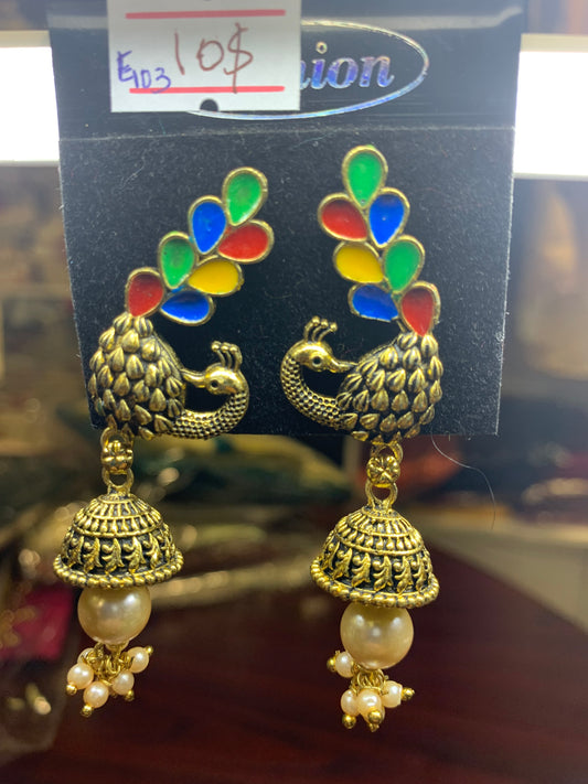 Peacock designed multi-color golden copper earring