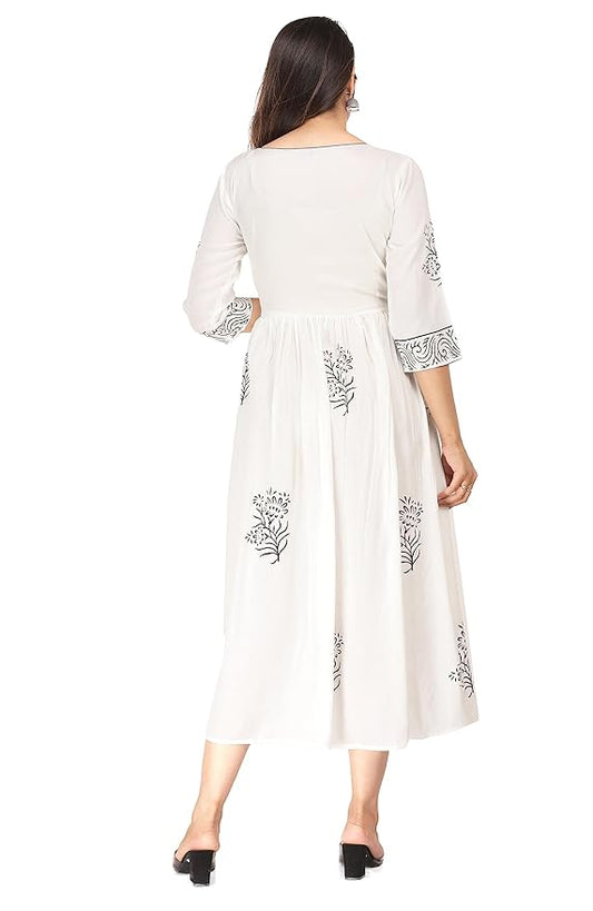 Women's Rayon Anarkali Hand Block Printed Kurti, pant and duppatta set