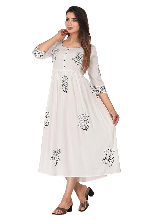 Women's Rayon Anarkali Hand Block Printed Kurti, pant and duppatta set