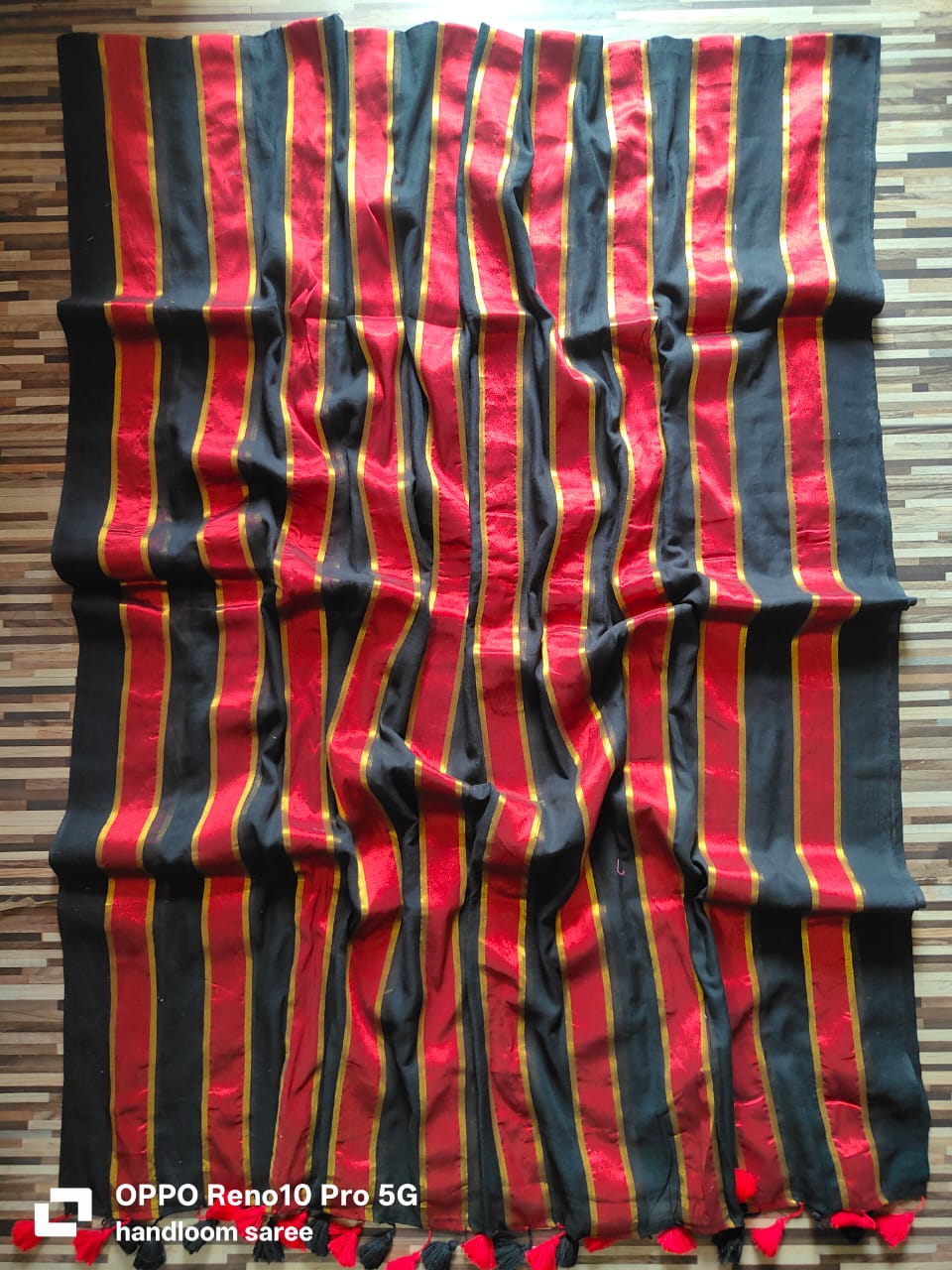 Mul cotton saree - Black ,red and golden stripe